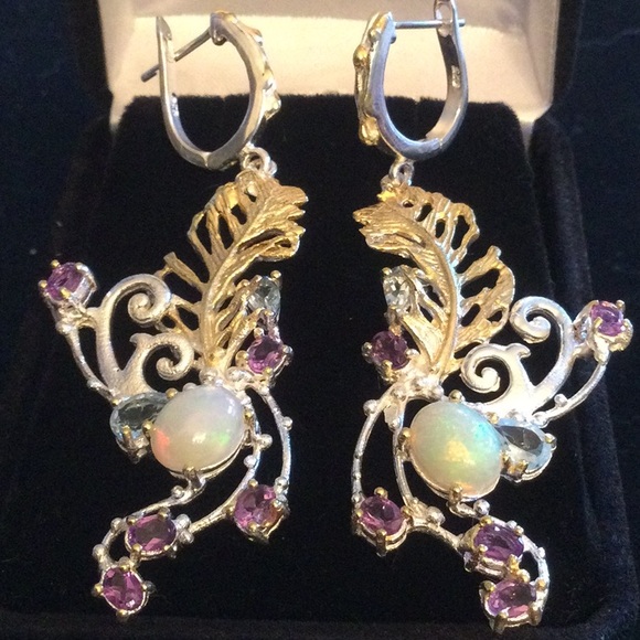 Exquisite One Of A Kind, Genuine Fiery Opal, Aquamarines & Amethysts Earrings - Picture 11 of 11